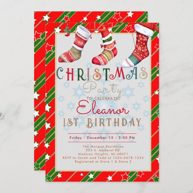 Christmas Socks 1st Birthday Party Invitation (Front/Back)