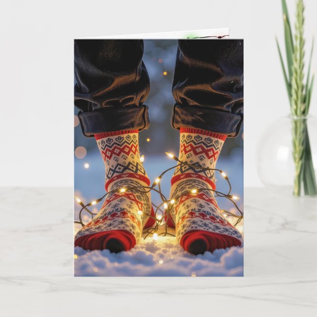 Christmas Socks and Holiday Lights in Snow Card (Front)