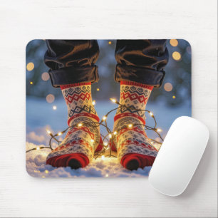 Christmas Socks and Holiday Lights in Snow Mouse Pad