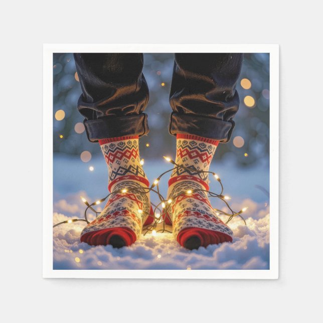 Christmas Socks and Holiday Lights in Snow Napkin (Front)