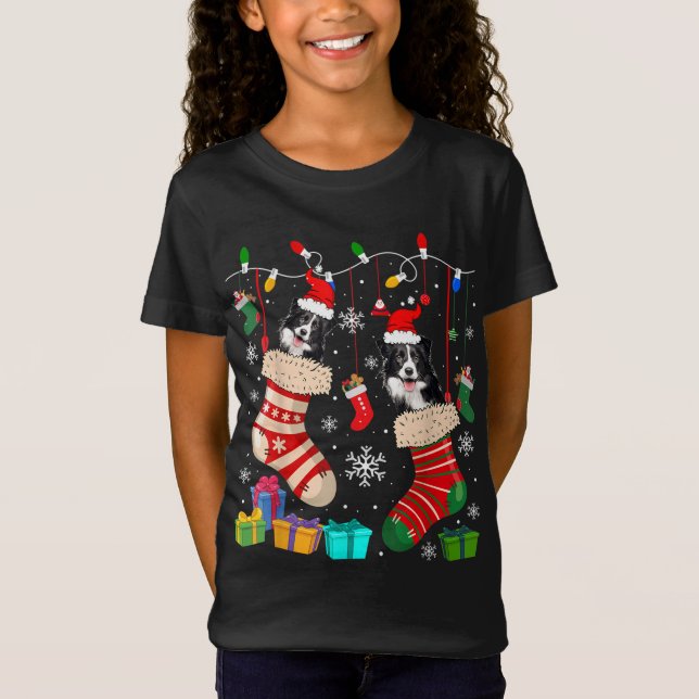 Christmas Socks Pajama Border Collie Dog Puppy Lov T-Shirt (Front)