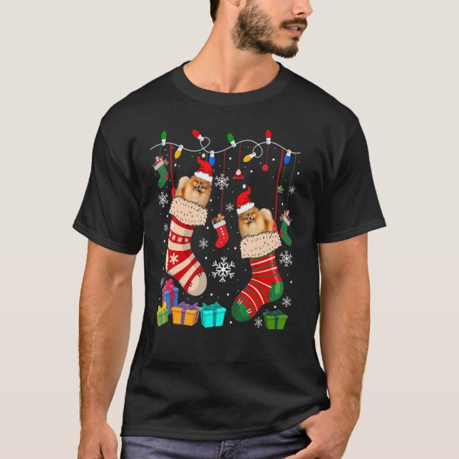 Christmas Socks Pajama Pomeranian Dog Puppy T-Shirt (Front)