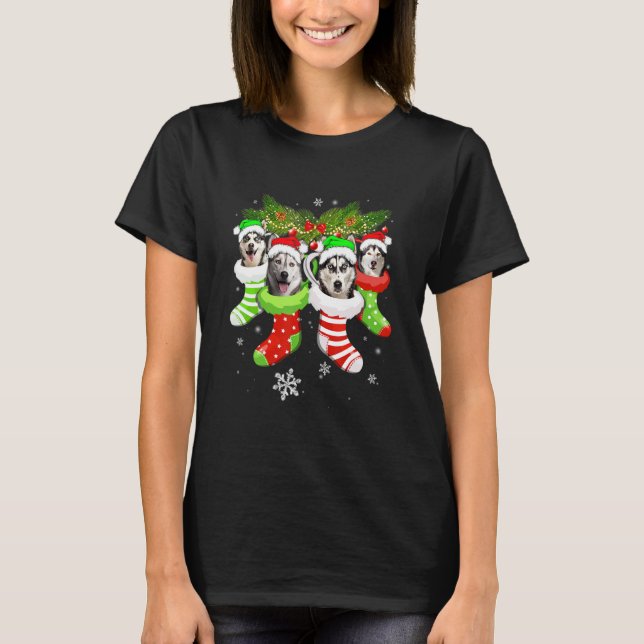 Christmas Socks Pajama Siberian Husky Dog Puppy T-Shirt (Front)