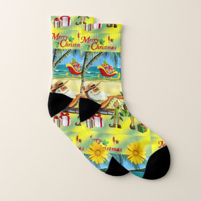 Christmas Socks, Summer Beach Santa Socks (Pair)