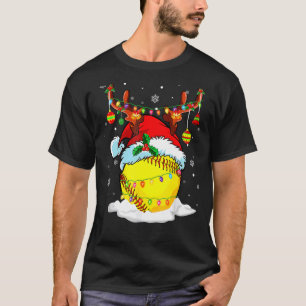 Christmas Softball Ball Santa Hat Reindeer Lights  T-Shirt