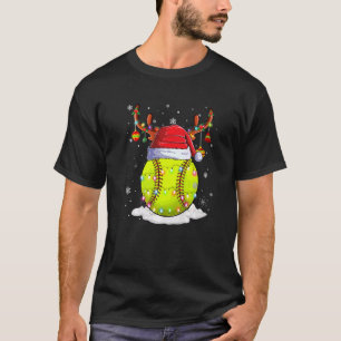 Christmas Softball Ball Santa Hat Reindeer Lights T-Shirt