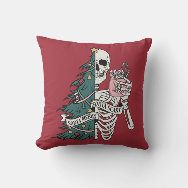 Christmas Sorta Scary Sorta Merry Funny Skeleton  Cushion (Front)
