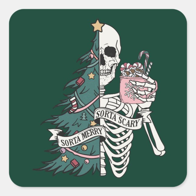 Christmas Sorta Scary Sorta Merry Funny Skeleton  Square Sticker (Front)