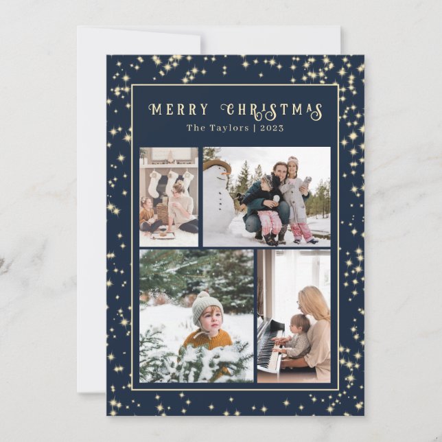 Christmas Sparkle Blue Classic Multi Photo Holiday Card (Front)