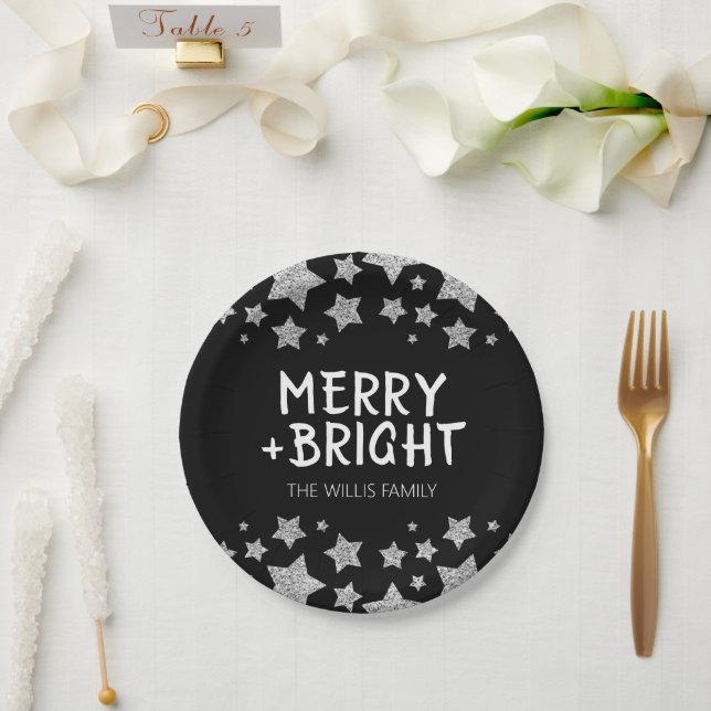 Christmas Sparkle Stars Merry bright Family name Paper Plate (Wedding)