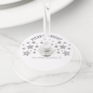Christmas Sparkle Stars Merry bright Family name Wine Glass Tag
