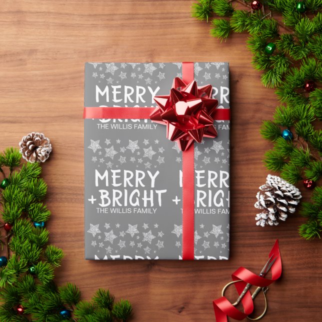 Christmas Sparkle Stars Merry bright Family name Wrapping Paper (Holiday Gift)