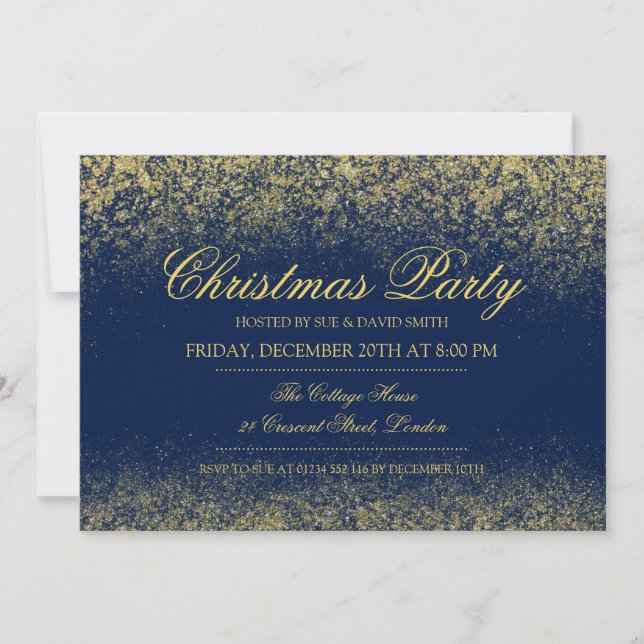 Christmas Sparkling Gold Glitter Dust Navy Blue Invitation (Front)