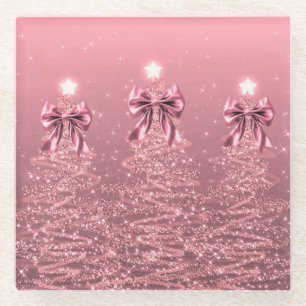 Christmas Sparkling Trees Blush Faux Pink Bow Glass Coaster