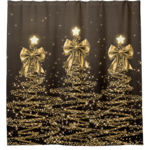 Christmas Sparkling Trees Gold Faux Bow  Shower Curtain