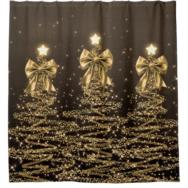 Christmas Sparkling Trees Gold Faux Bow  Shower Curtain (Front)