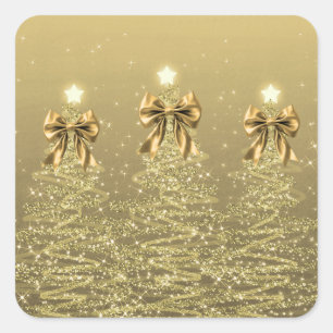 Christmas Sparkling Trees Gold Faux Bow Square Sticker