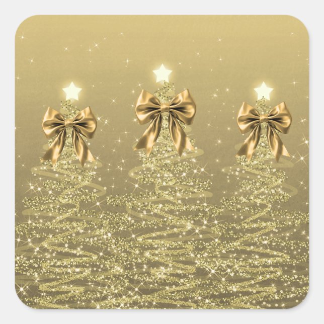 Christmas Sparkling Trees Gold Faux Bow  Square Sticker (Front)