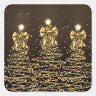 Christmas Sparkling Trees Gold Faux Bow Square Sticker