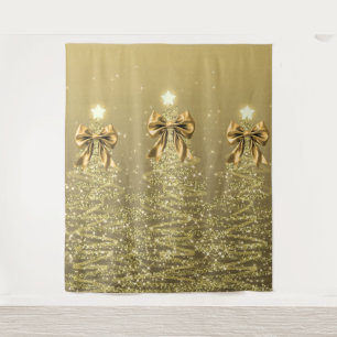 Christmas Sparkling Trees Gold Faux Bow Tapestry