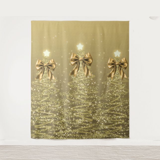 Christmas Sparkling Trees Gold Faux Bow  Tapestry (Front)