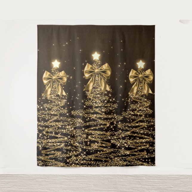 Christmas Sparkling Trees Gold Faux Bow  Tapestry (Front)