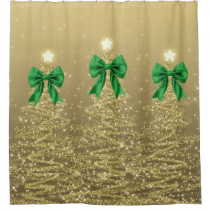 Christmas Sparkling Trees Gold Faux Green Bow  Shower Curtain