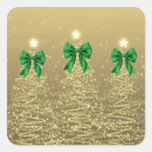 Christmas Sparkling Trees Gold Faux Green Bow Square Sticker