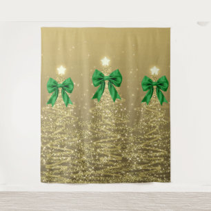 Christmas Sparkling Trees Gold Faux Green Bow Tapestry