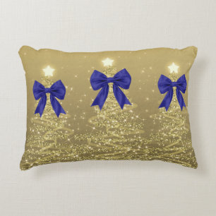 Christmas Sparkling Trees Gold Faux Navy Bow  Decorative Cushion