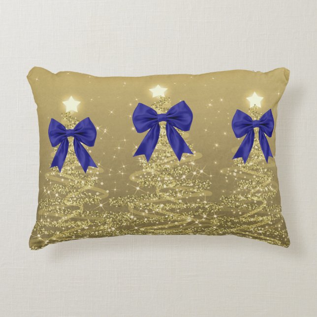 Christmas Sparkling Trees Gold Faux Navy Bow  Decorative Cushion (Front)