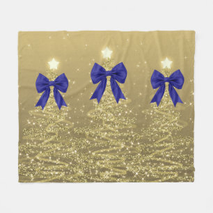 Christmas Sparkling Trees Gold Faux Navy Bow Fleece Blanket