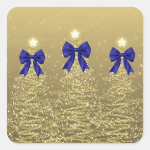 Christmas Sparkling Trees Gold Faux Navy Bow Square Sticker