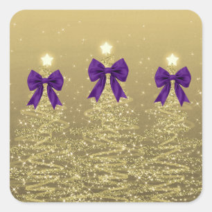 Christmas Sparkling Trees Gold Faux Purple Bow Square Sticker