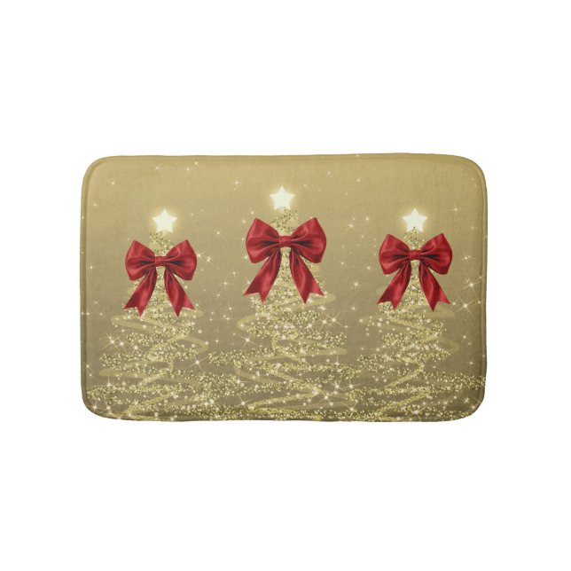 Christmas Sparkling Trees Gold Faux Red Bow  Bath Mat (Front)