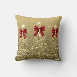 Christmas Sparkling Trees Gold Faux Red Bow Cushion