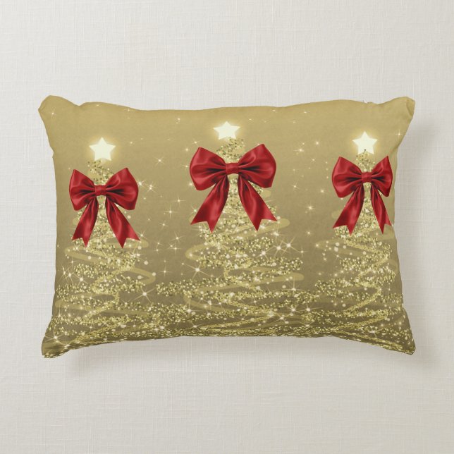 Christmas Sparkling Trees Gold Faux Red Bow  Decorative Cushion (Front)