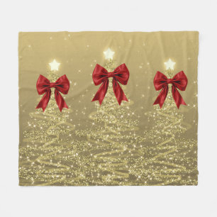 Christmas Sparkling Trees Gold Faux Red Bow  Fleece Blanket