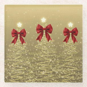 Christmas Sparkling Trees Gold Faux Red Bow Glass Coaster