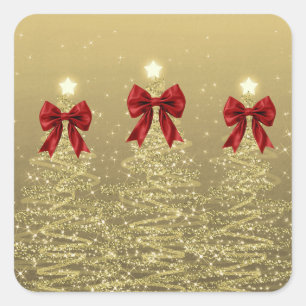 Christmas Sparkling Trees Gold Faux Red Bow Square Sticker