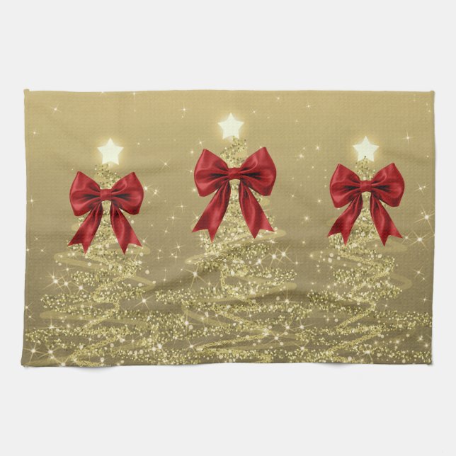 Christmas Sparkling Trees Gold Faux Red Bow  Tea Towel (Horizontal)