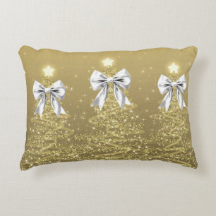 Christmas Sparkling Trees Gold Faux Silver Bow Decorative Cushion