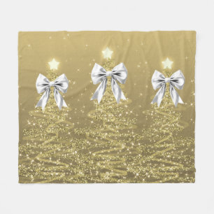 Christmas Sparkling Trees Gold Faux Silver Bow Fleece Blanket