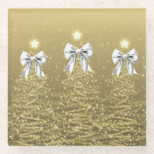 Christmas Sparkling Trees Gold Faux Silver Bow Glass Coaster