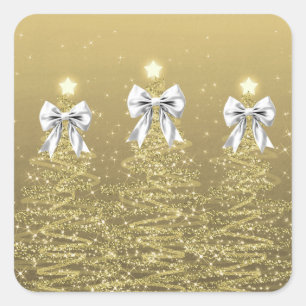 Christmas Sparkling Trees Gold Faux Silver Bow Square Sticker