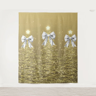 Christmas Sparkling Trees Gold Faux Silver Bow Tapestry