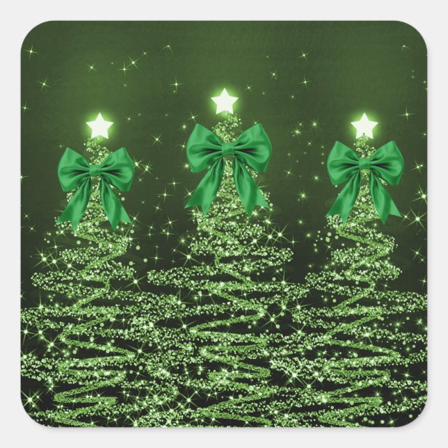 Christmas Sparkling Trees Green Faux Bow  Square Sticker (Front)
