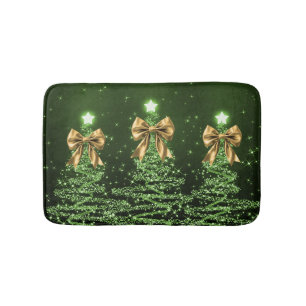 Christmas Sparkling Trees Green Faux Gold Bow  Bath Mat