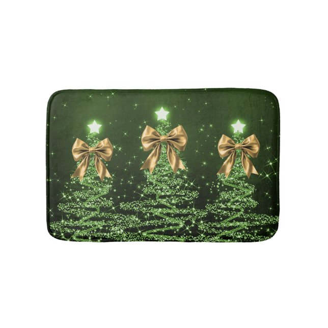 Christmas Sparkling Trees Green Faux Gold Bow  Bath Mat (Front)