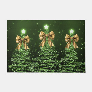 Christmas Sparkling Trees Green Faux Gold Bow Doormat